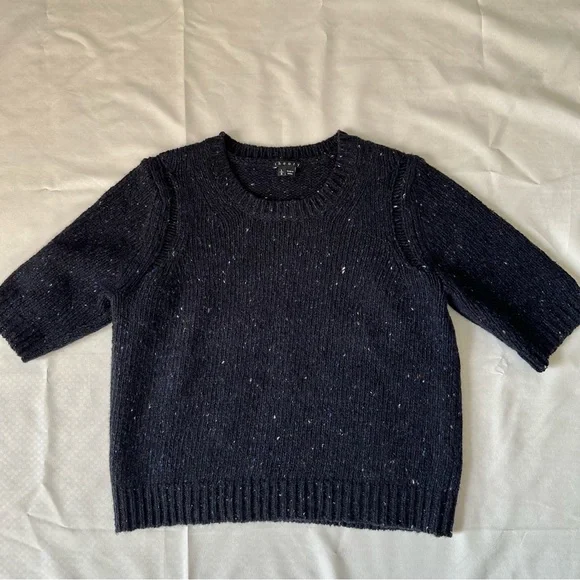 Theory Short Sleeve Speckled Wool Sweater Navy Blue Size Large - Picture 1 of 10